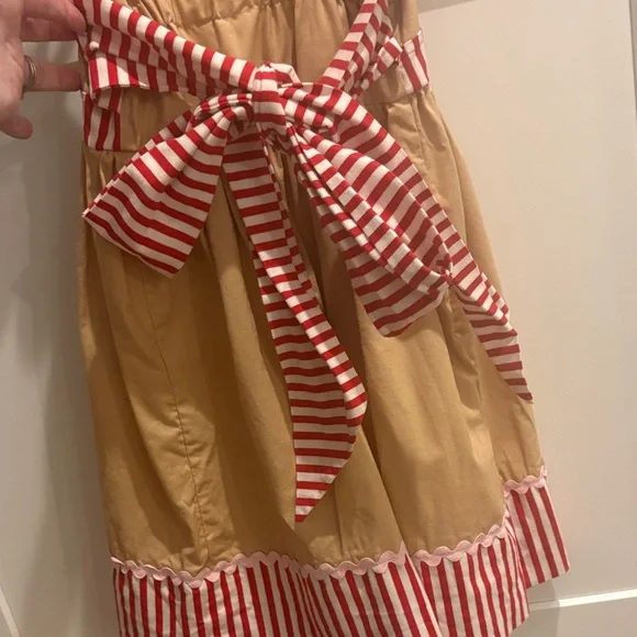 Adorable Holiday Tan and Red Striped Kids Dress - Picture 2 of 5